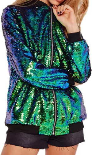 Cresay Women's Sequin Fitted Long Sleeve Zipper Blazer Bomber Jacket