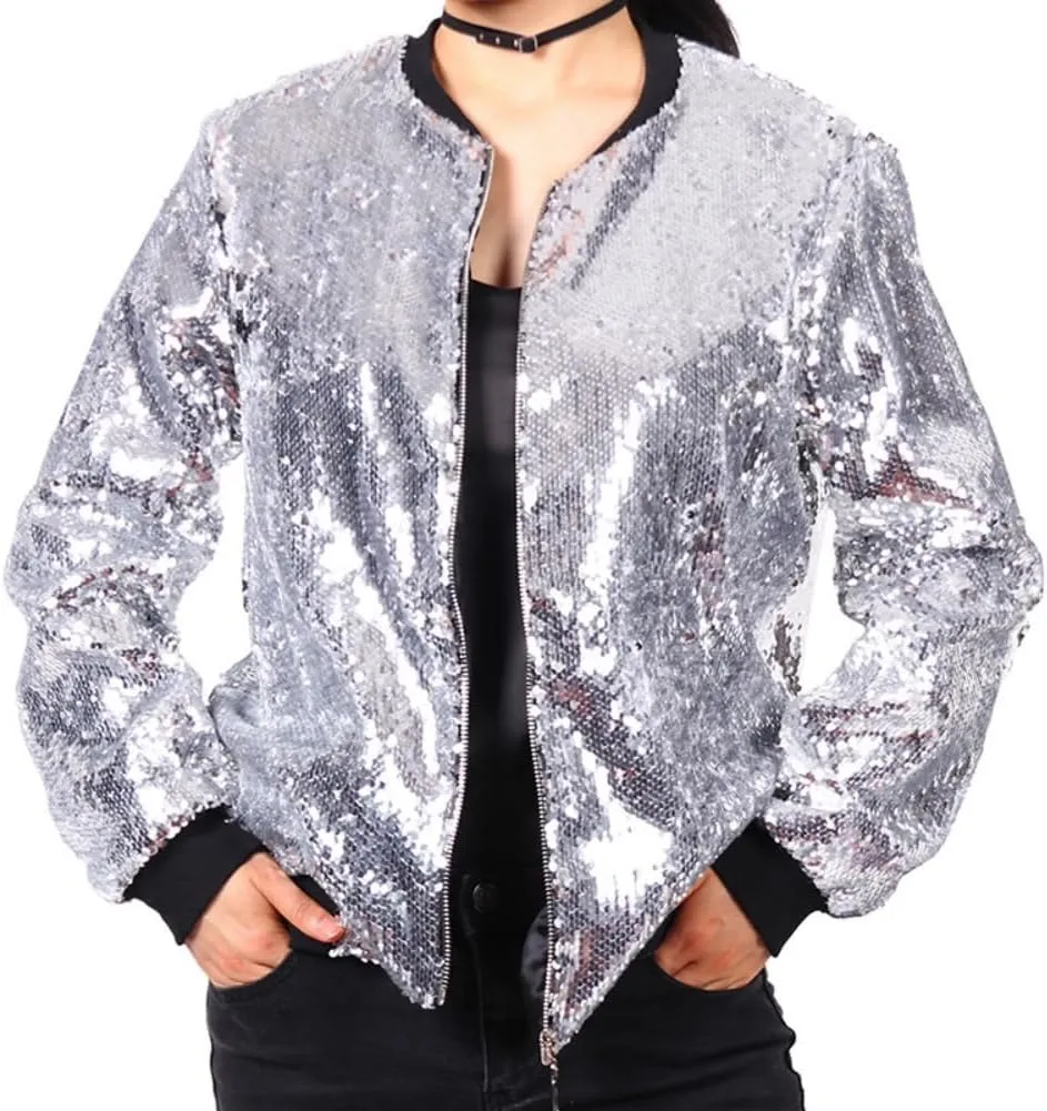 Cresay Women's Sequin Fitted Long Sleeve Zipper Blazer Bomber Jacket