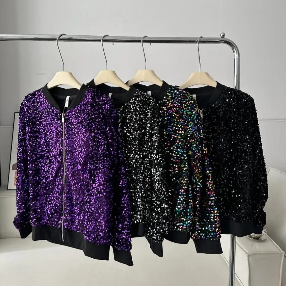 Cresay Women's Sequin Fitted Long Sleeve Zipper Blazer Bomber Jacket