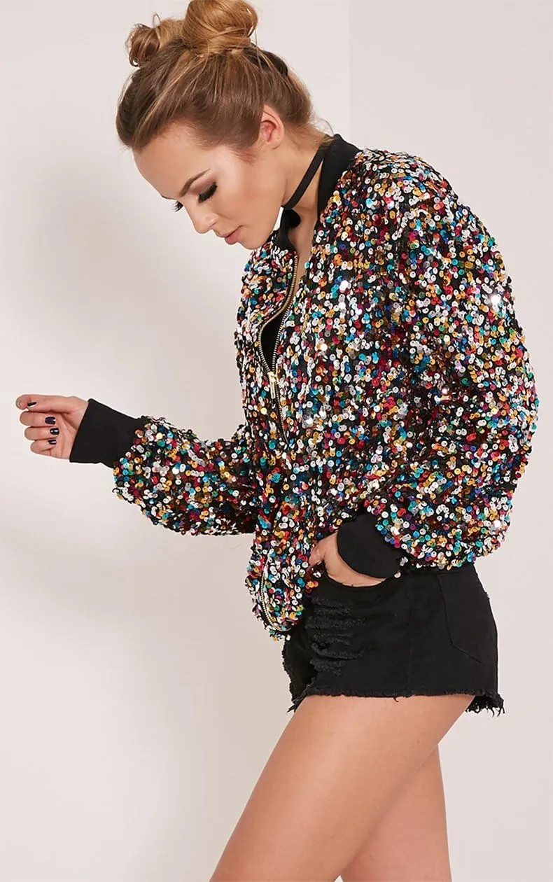 Cresay Women's Sequin Fitted Long Sleeve Zipper Blazer Bomber Jacket