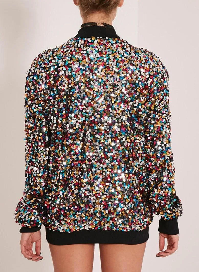 Cresay Women's Sequin Fitted Long Sleeve Zipper Blazer Bomber Jacket