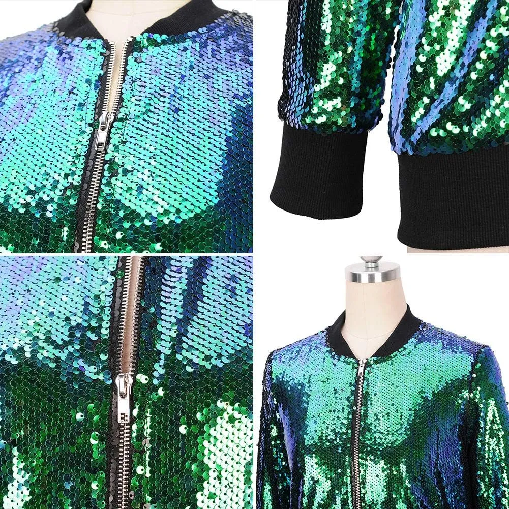 Cresay Women's Sequin Fitted Long Sleeve Zipper Blazer Bomber Jacket