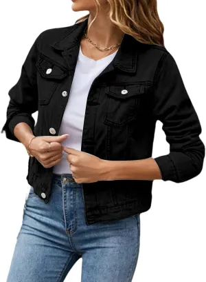 Cropped Denim Jacket for Women Lightweight Basic Button Down Stretch Fitted Long Sleeves Jean Jacket with Pockets