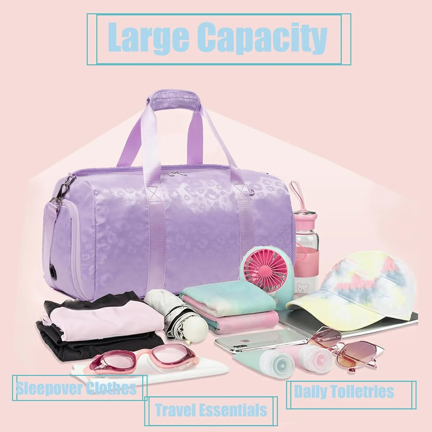 Dance Bag for Girls Duffle Bag Girls Overnight Bags Sleepover Gym Gymnastics Bags with Shoe Compartment and Wet Pocket,Leopard Shape