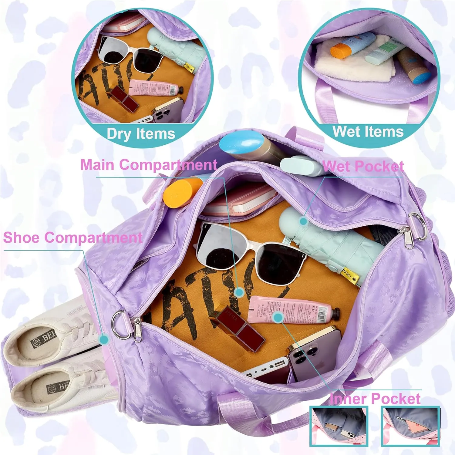 Dance Bag for Girls Duffle Bag Girls Overnight Bags Sleepover Gym Gymnastics Bags with Shoe Compartment and Wet Pocket,Leopard Shape