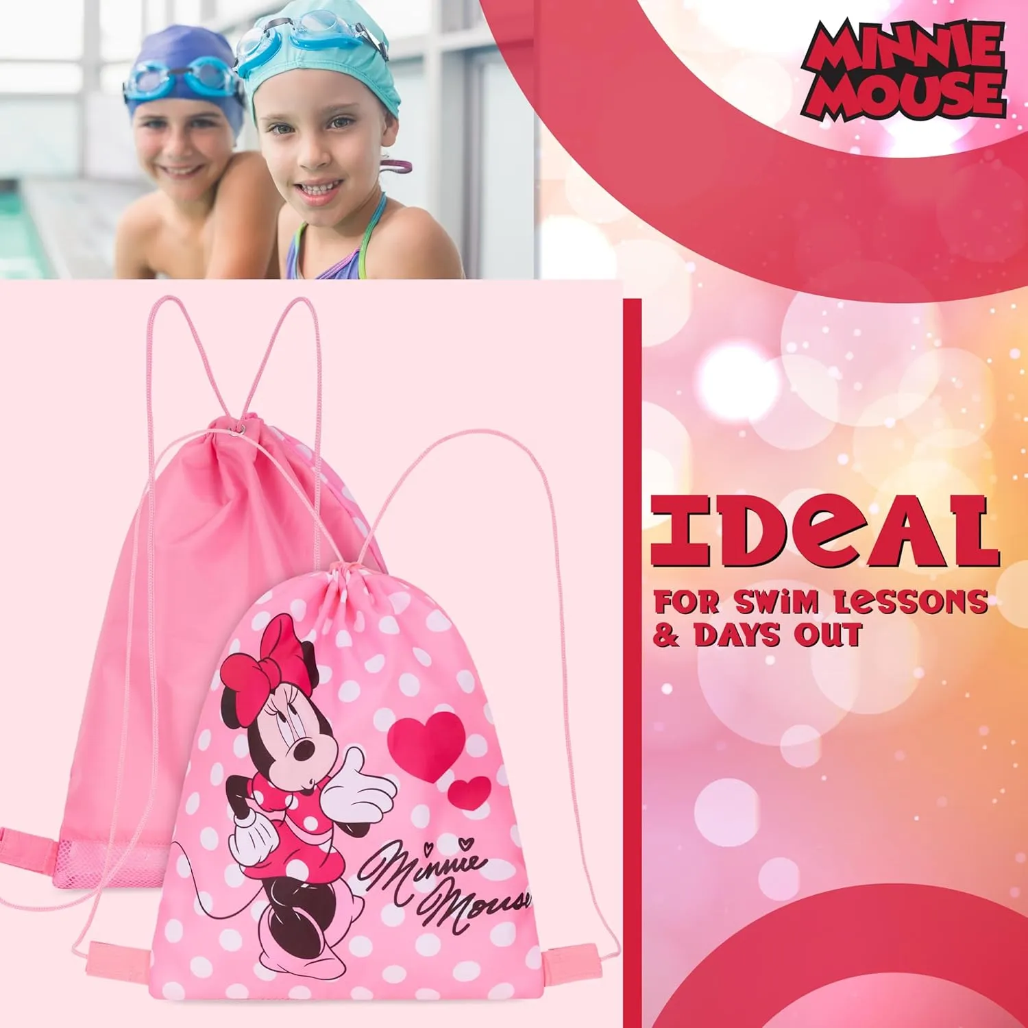 Disney Drawstring Bags, 11 x 14 Swimming Bag with Airflow Vent (Pink Minnie)