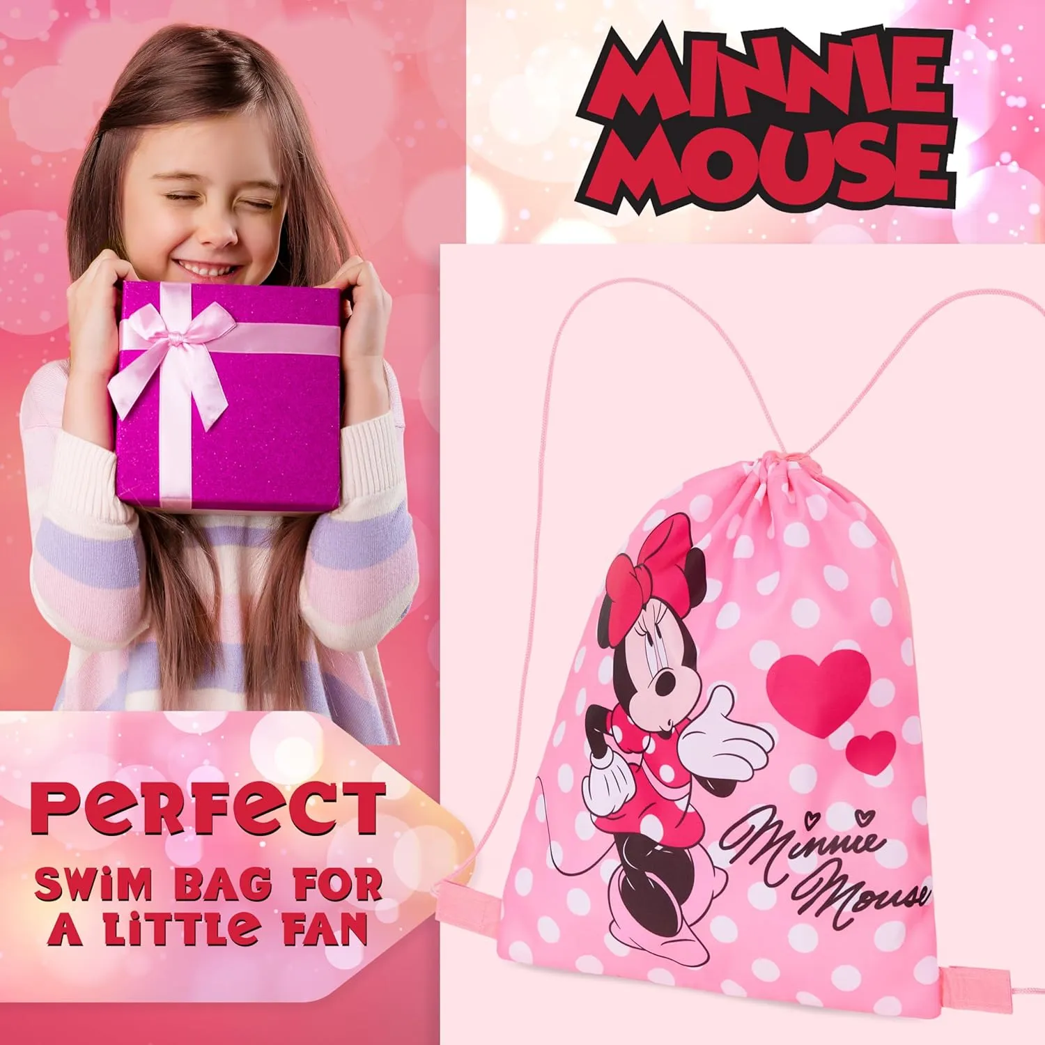 Disney Drawstring Bags, 11 x 14 Swimming Bag with Airflow Vent (Pink Minnie)