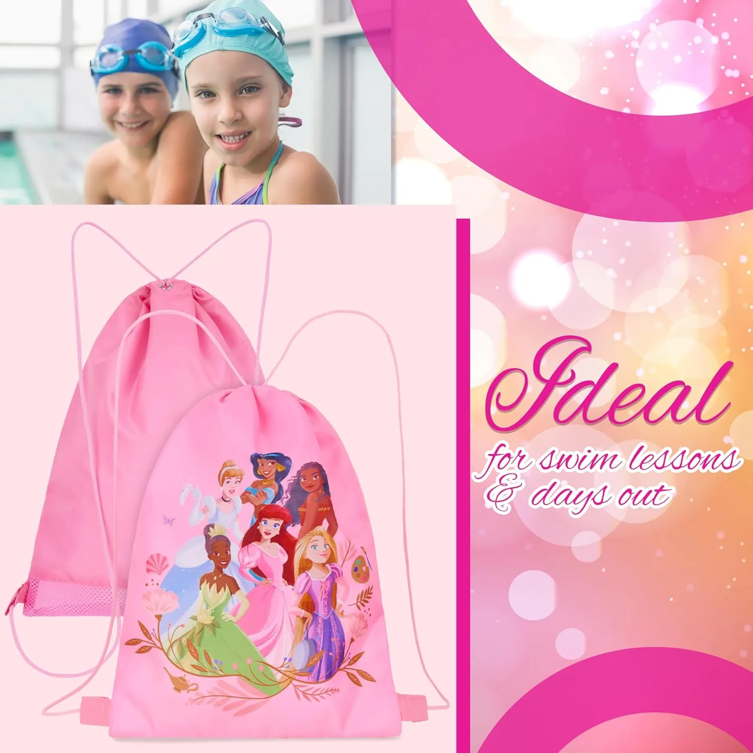Disney Drawstring Bags, 11 x 14 Swimming Bag with Airflow Vent (Pink Princess)