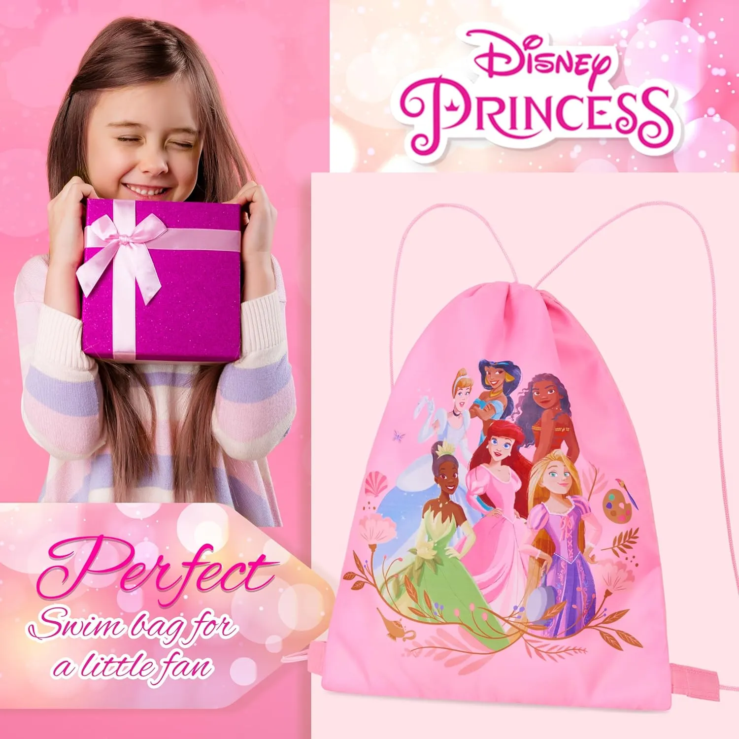 Disney Drawstring Bags, 11 x 14 Swimming Bag with Airflow Vent (Pink Princess)