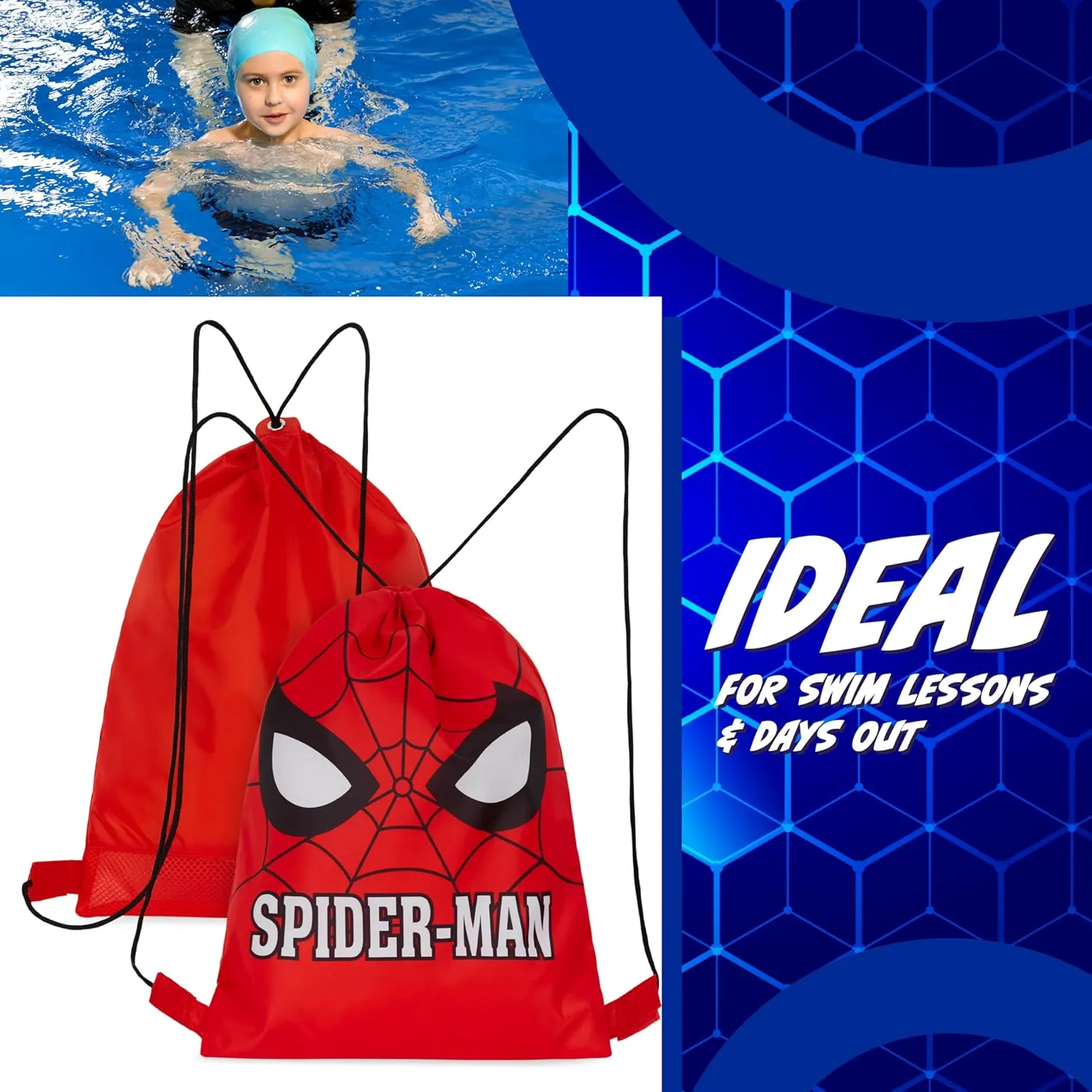 Disney Drawstring Bags, 11 x 14 Swimming Bag with Airflow Vent (Red Spiderman)