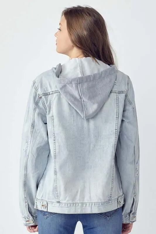 Distressed Drawstring Hooded Denim Jacket – Stylish