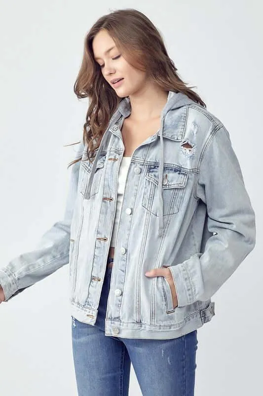 Distressed Drawstring Hooded Denim Jacket – Stylish