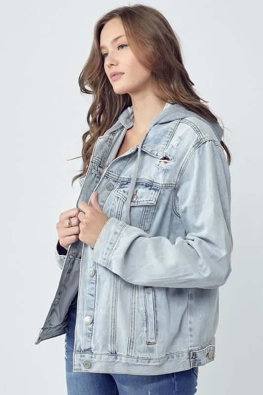 Distressed Drawstring Hooded Denim Jacket – Stylish