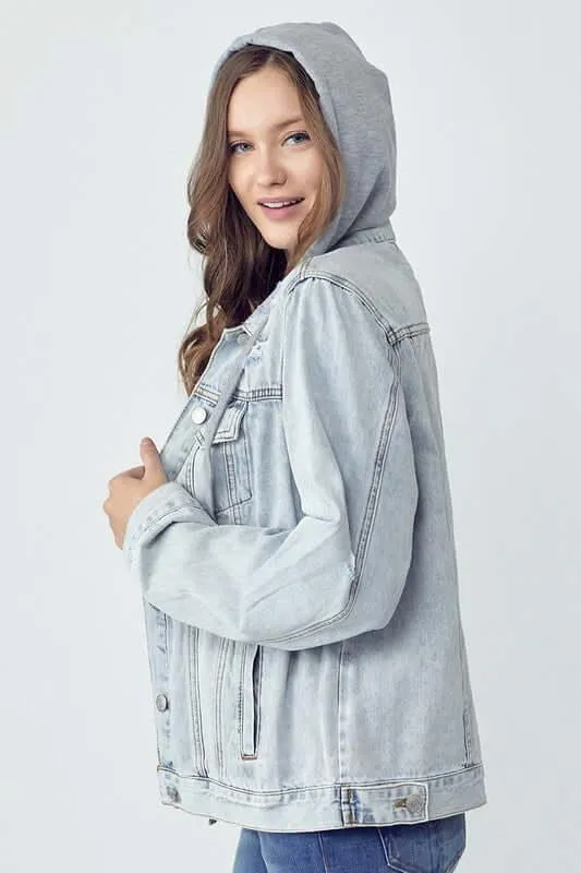 Distressed Drawstring Hooded Denim Jacket – Stylish