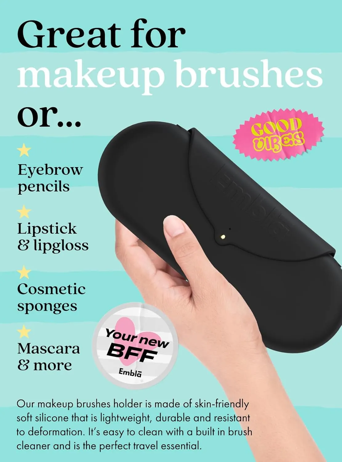 Embla Makeup Brush Holder Travel Cosmetic Case Pouch, Soft Silicone Cosmetic Bag Make Up Brushes Holder with Secure Snap Closure, Travel Makeup Brush Case, Black