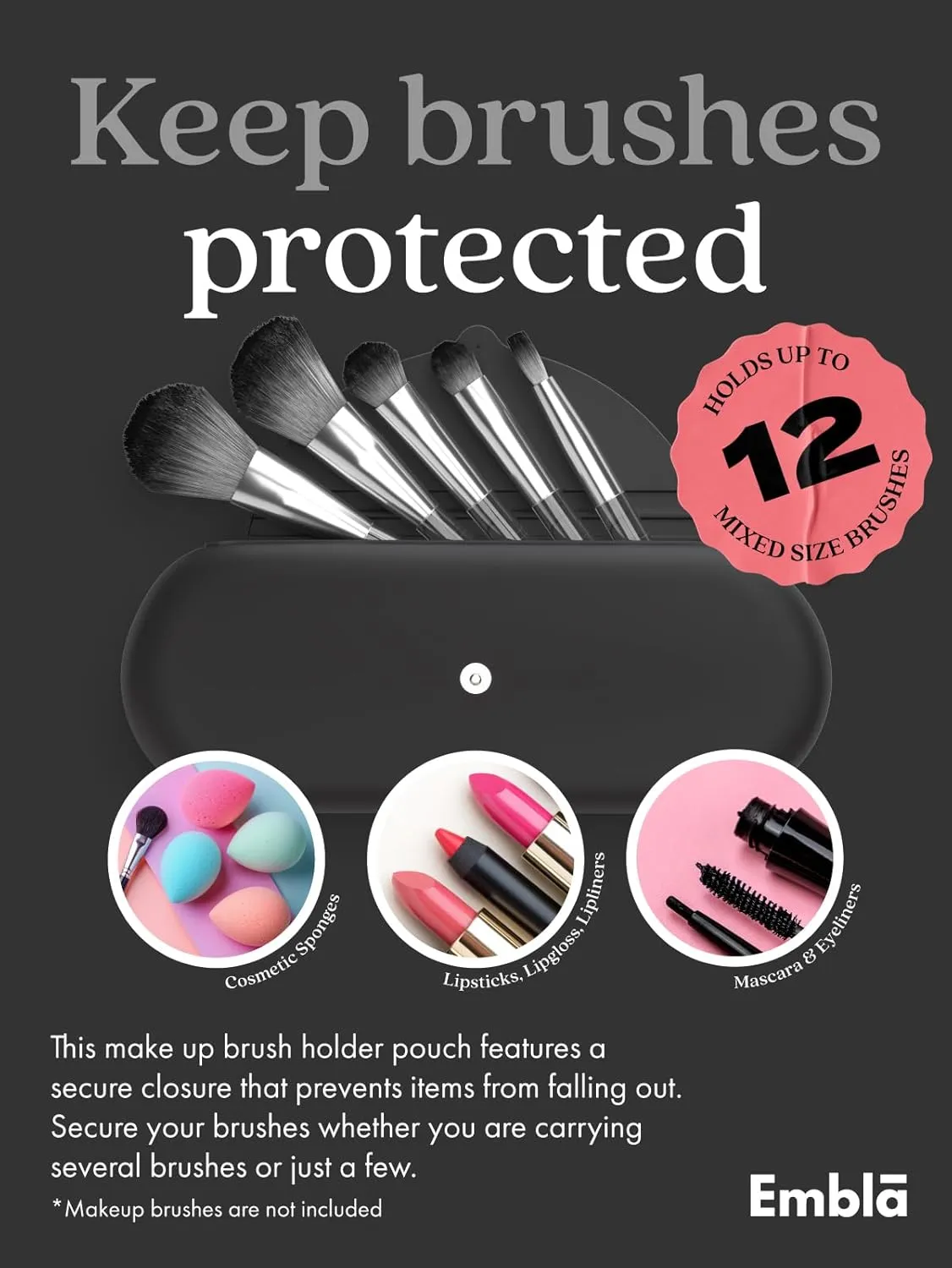 Embla Makeup Brush Holder Travel Cosmetic Case Pouch, Soft Silicone Cosmetic Bag Make Up Brushes Holder with Secure Snap Closure, Travel Makeup Brush Case, Black