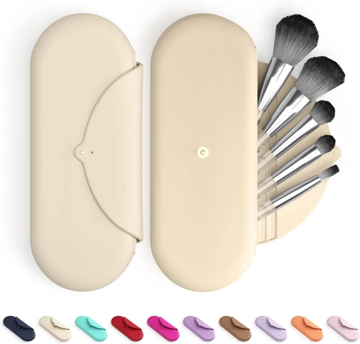 Embla Makeup Brush Holder Travel Cosmetic Case Pouch, Soft Silicone Cosmetic Bag Make Up Brushes Holder with Secure Snap Closure, Travel Makeup Brush Case, Champagne