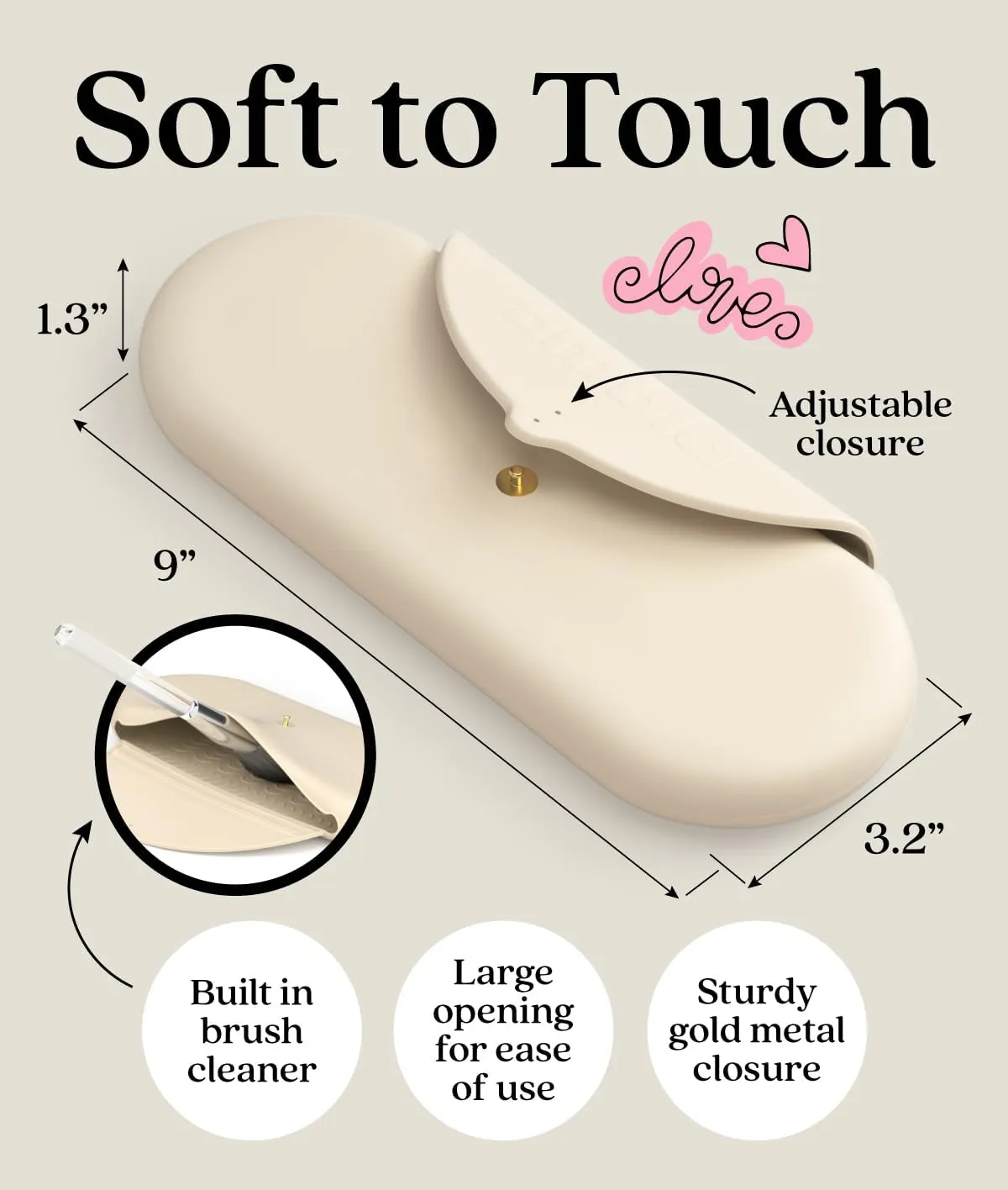 Embla Makeup Brush Holder Travel Cosmetic Case Pouch, Soft Silicone Cosmetic Bag Make Up Brushes Holder with Secure Snap Closure, Travel Makeup Brush Case, Champagne