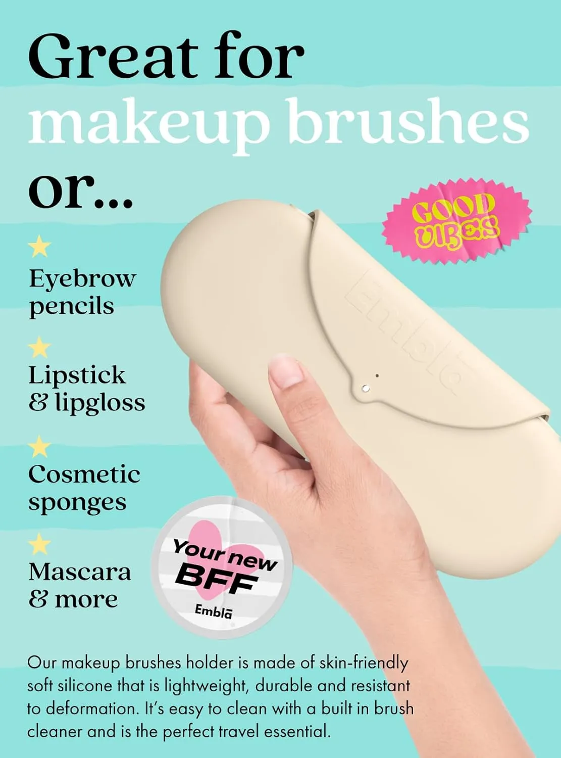Embla Makeup Brush Holder Travel Cosmetic Case Pouch, Soft Silicone Cosmetic Bag Make Up Brushes Holder with Secure Snap Closure, Travel Makeup Brush Case, Champagne