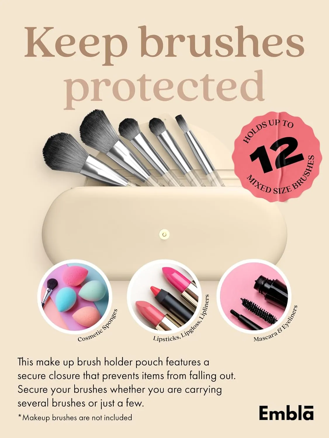Embla Makeup Brush Holder Travel Cosmetic Case Pouch, Soft Silicone Cosmetic Bag Make Up Brushes Holder with Secure Snap Closure, Travel Makeup Brush Case, Champagne
