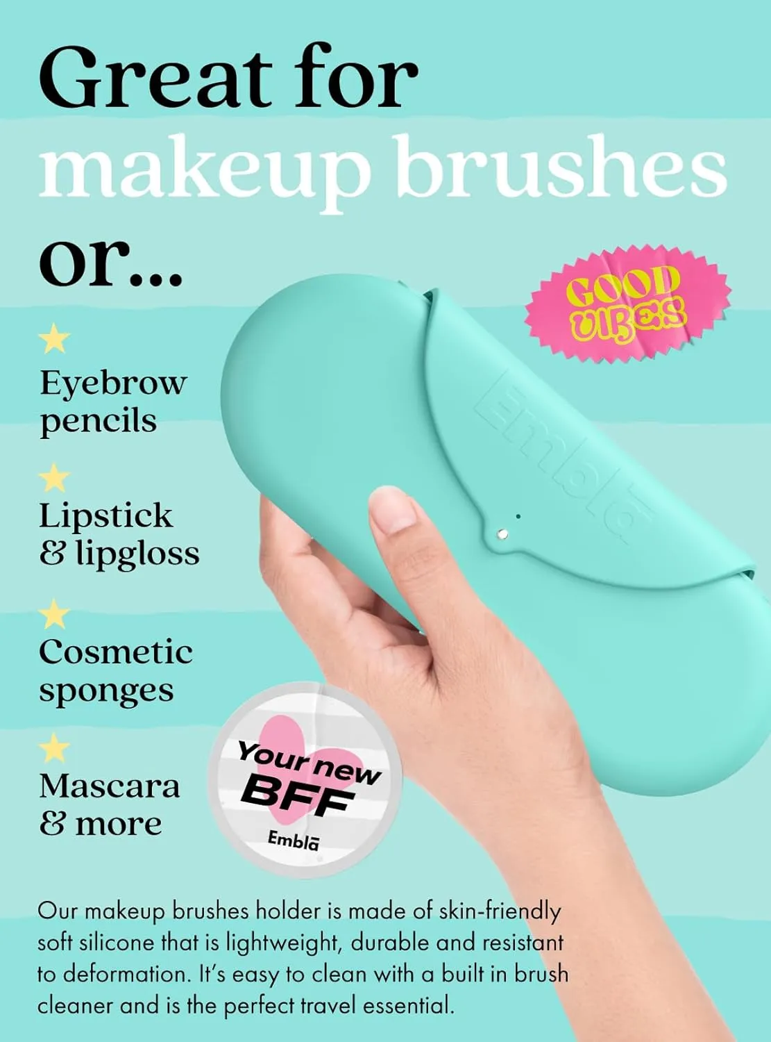 Embla Makeup Brush Holder Travel Cosmetic Case Pouch, Soft Silicone Cosmetic Bag Make Up Brushes Holder with Secure Snap Closure, Travel Makeup Brush Case, Cotton Candy