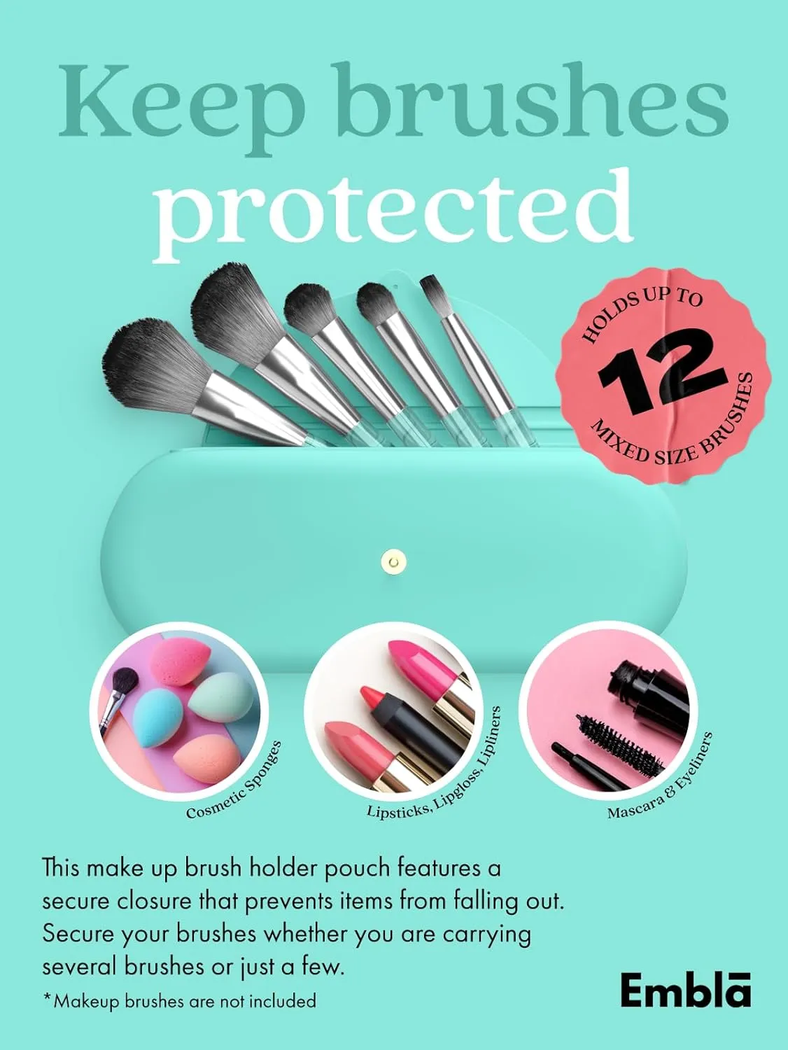 Embla Makeup Brush Holder Travel Cosmetic Case Pouch, Soft Silicone Cosmetic Bag Make Up Brushes Holder with Secure Snap Closure, Travel Makeup Brush Case, Cotton Candy