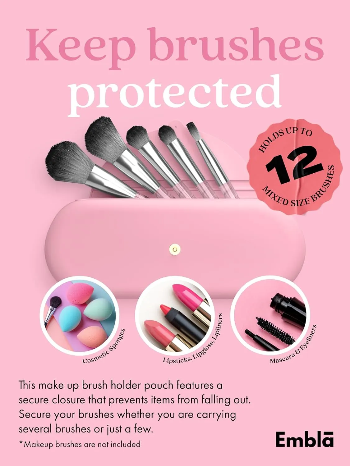 Embla Makeup Brush Holder Travel Cosmetic Case Pouch, Soft Silicone Cosmetic Bag Make Up Brushes Holder with Secure Snap Closure, Travel Makeup Brush Case, Flamingo