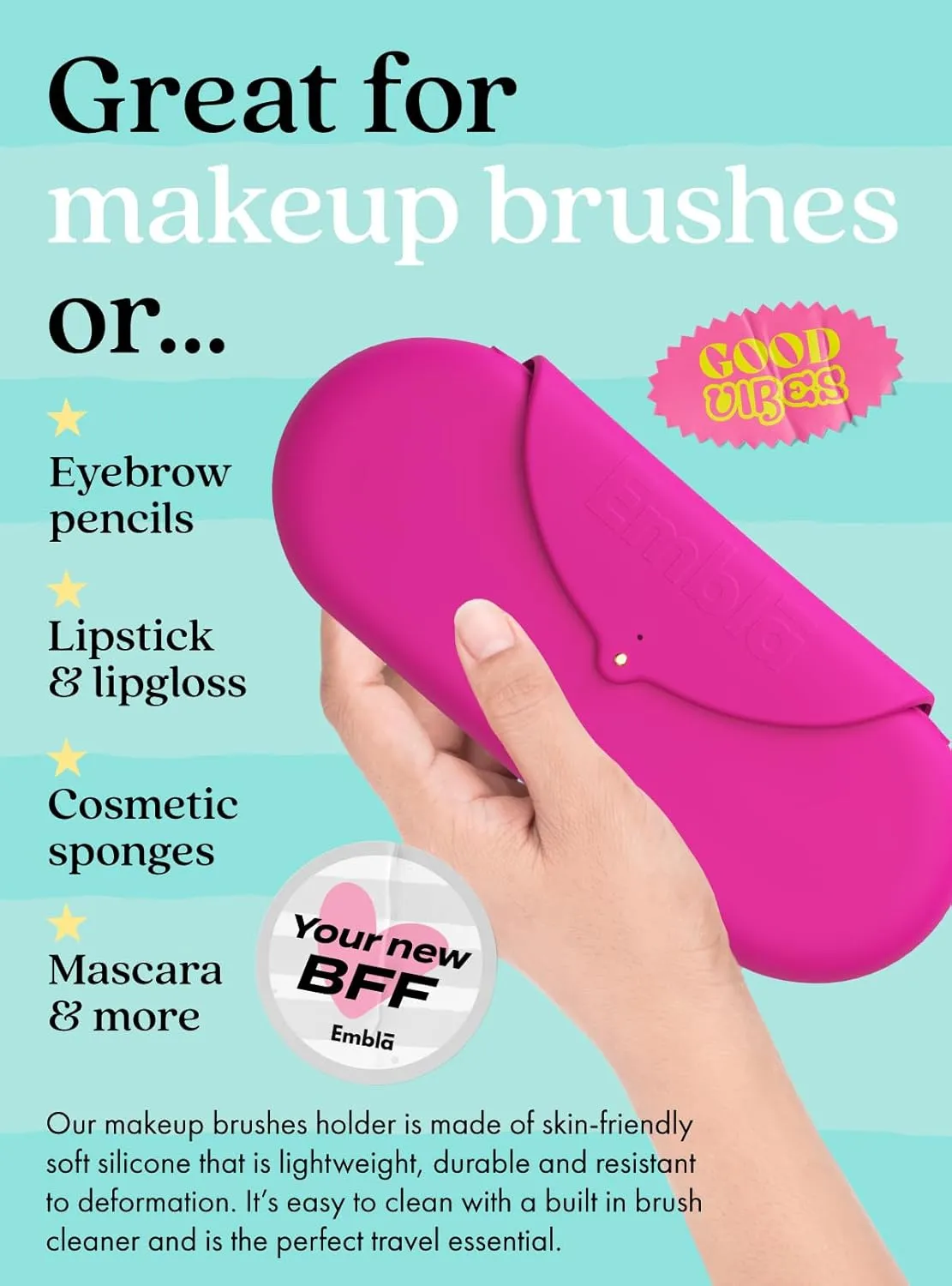 Embla Makeup Brush Holder Travel Cosmetic Case Pouch, Soft Silicone Cosmetic Bag Make Up Brushes Holder with Secure Snap Closure, Travel Makeup Brush Case, Fuchsia