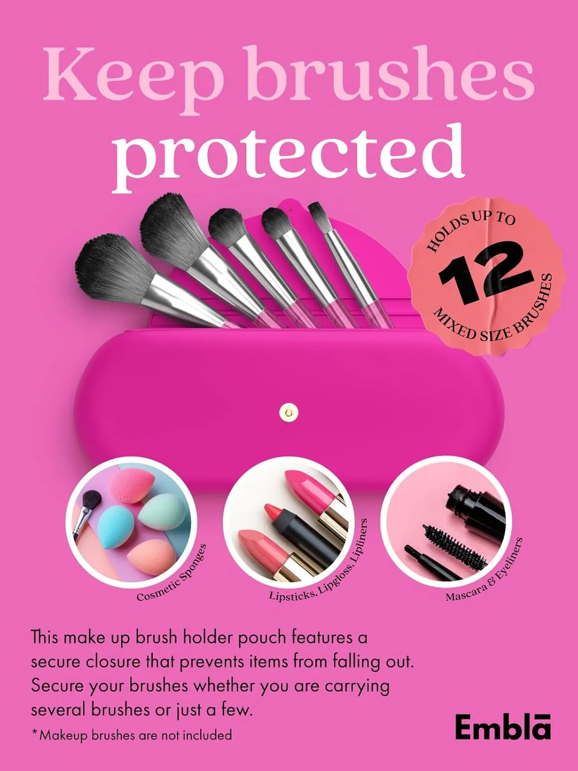 Embla Makeup Brush Holder Travel Cosmetic Case Pouch, Soft Silicone Cosmetic Bag Make Up Brushes Holder with Secure Snap Closure, Travel Makeup Brush Case, Fuchsia