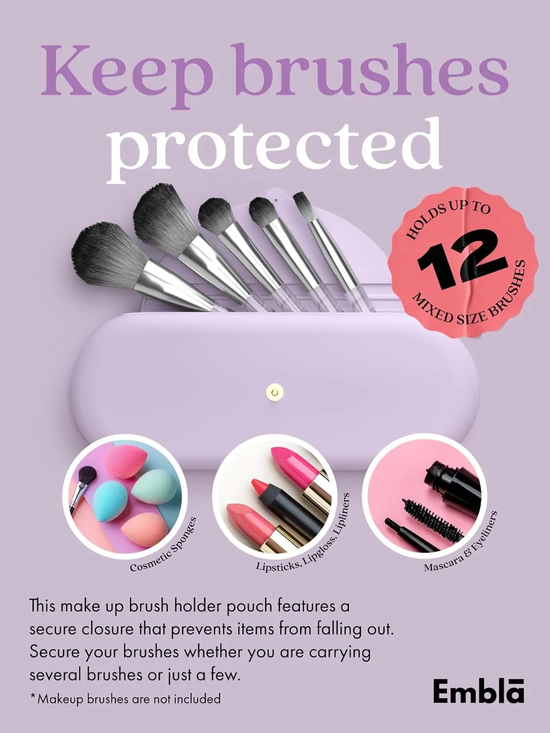 Embla Makeup Brush Holder Travel Cosmetic Case Pouch, Soft Silicone Cosmetic Bag Make Up Brushes Holder with Secure Snap Closure, Travel Makeup Brush Case, Lilac