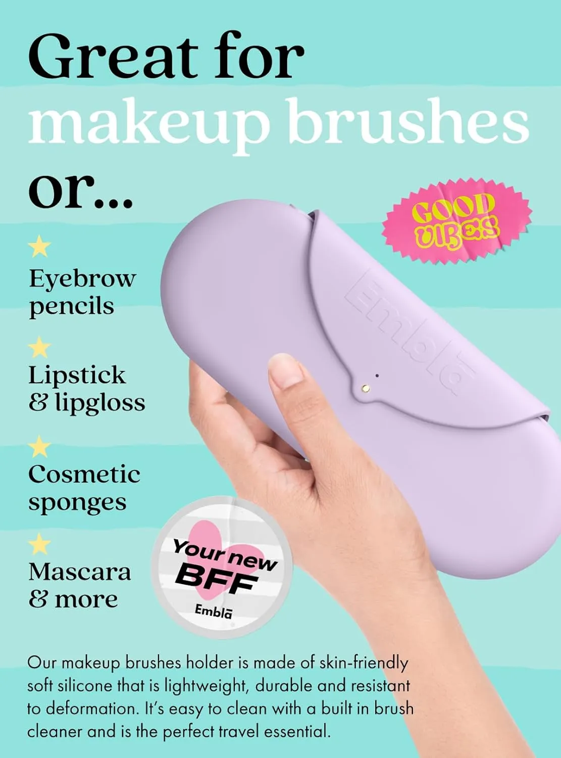 Embla Makeup Brush Holder Travel Cosmetic Case Pouch, Soft Silicone Cosmetic Bag Make Up Brushes Holder with Secure Snap Closure, Travel Makeup Brush Case, Lilac