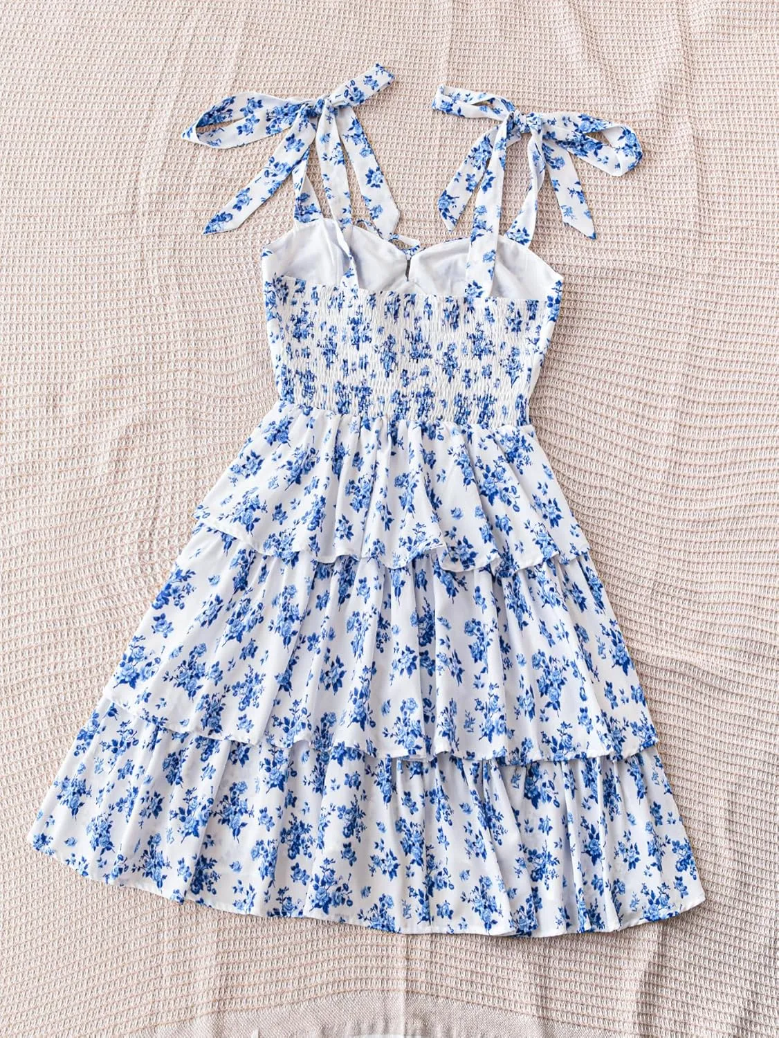 Floerns Women's Summer Floral Print Tie Shoulder Tiered Layer Short Cami Dress