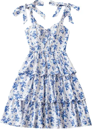 Floerns Women's Summer Floral Print Tie Shoulder Tiered Layer Short Cami Dress
