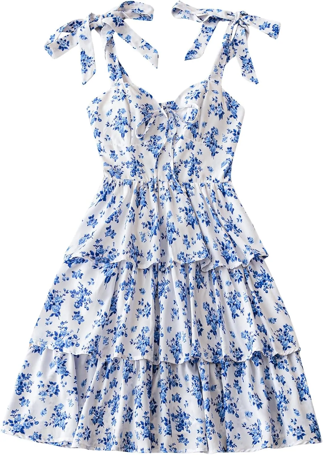 Floerns Women's Summer Floral Print Tie Shoulder Tiered Layer Short Cami Dress