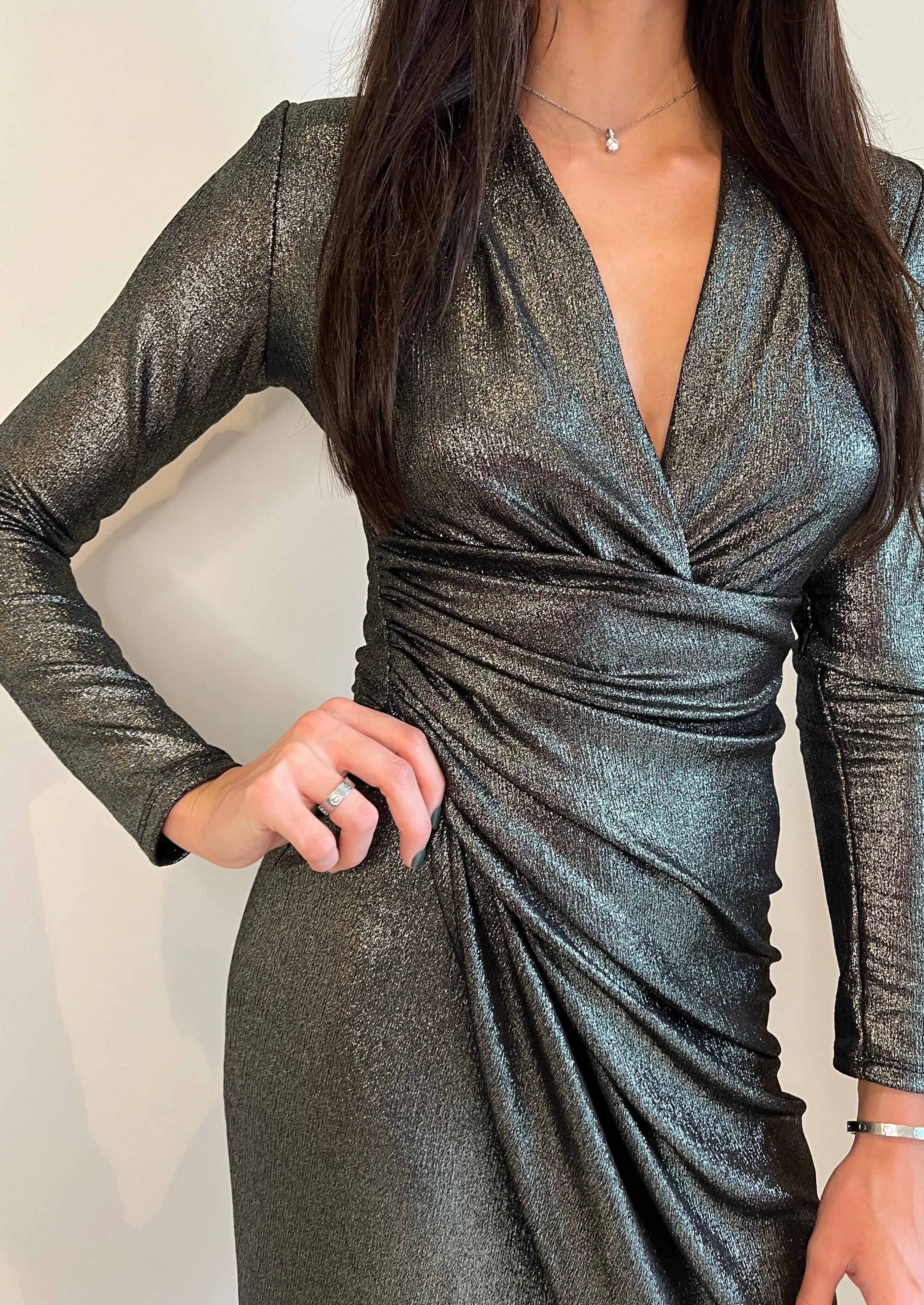 Gold Allure Midi Dress with V-Neck