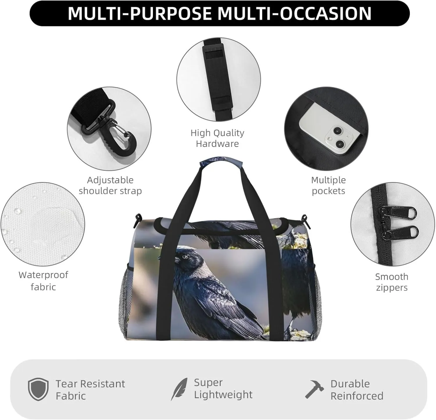 Gym Bag Black Crow Birds2 Duffel Bag for Men Women Travel Overnight Bag with Shoe Compartment Workout Bags