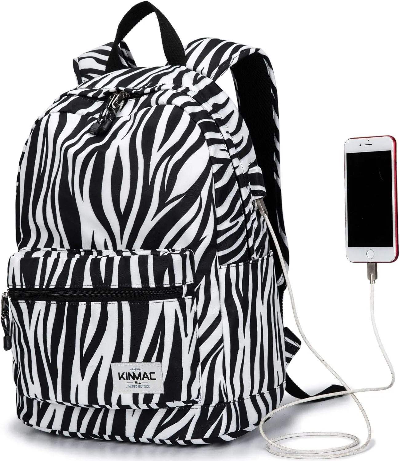 Kinmac Water Resistant Laptop Travel Outdoor Backpack with USB Charging Port for 13 inch 14 inch and 15.6 inch Laptop (Zebras)