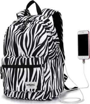 Kinmac Water Resistant Laptop Travel Outdoor Backpack with USB Charging Port for 13 inch 14 inch and 15.6 inch Laptop (Zebras)