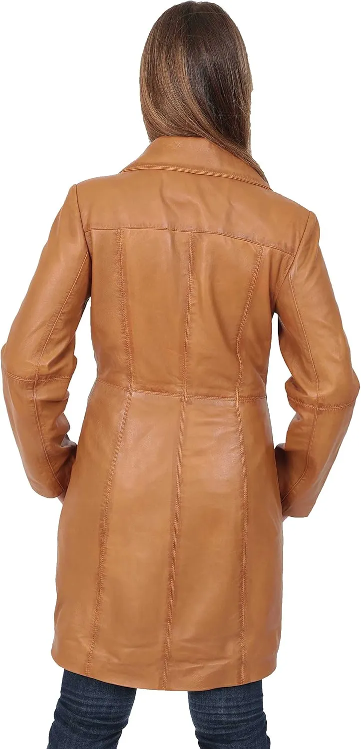 Ladies Trench  Length Real Leather Coat Parka Fitted Jacket Lexi