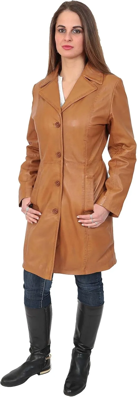Ladies Trench  Length Real Leather Coat Parka Fitted Jacket Lexi