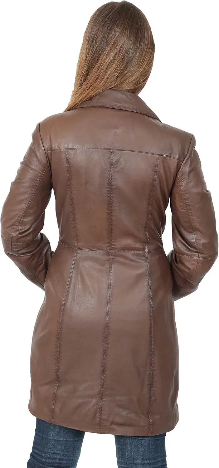 Ladies Trench  Length Real Leather Coat Parka Fitted Jacket Lexi