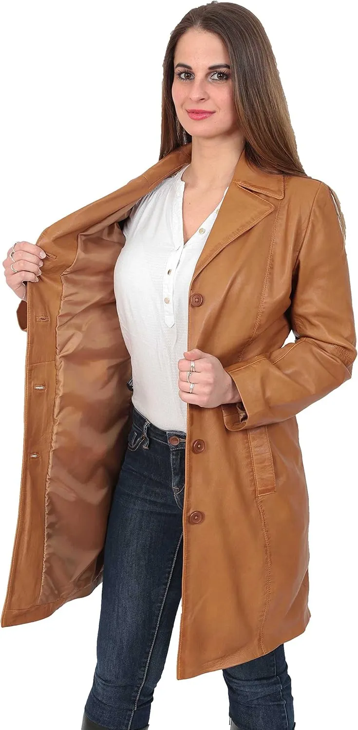 Ladies Trench  Length Real Leather Coat Parka Fitted Jacket Lexi