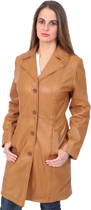 Ladies Trench  Length Real Leather Coat Parka Fitted Jacket Lexi