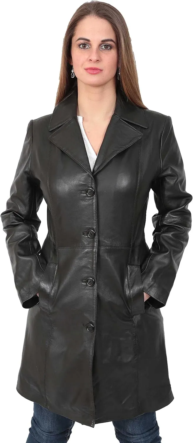 Ladies Trench  Length Real Leather Coat Parka Fitted Jacket Lexi