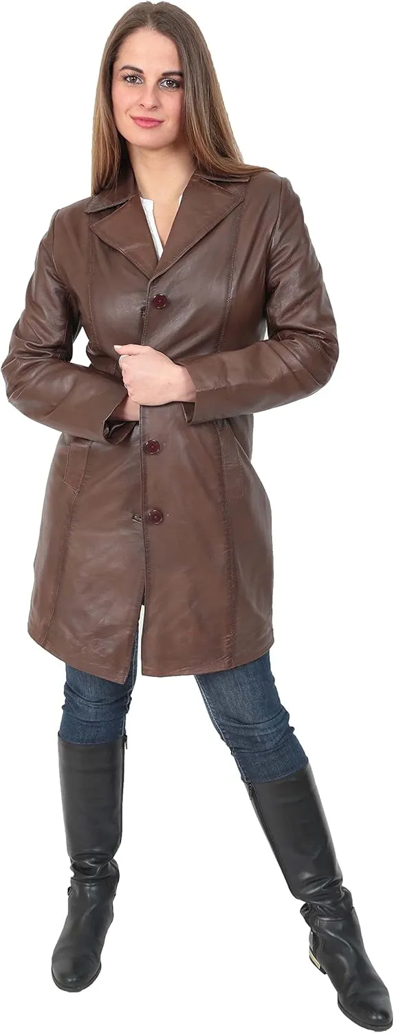 Ladies Trench  Length Real Leather Coat Parka Fitted Jacket Lexi