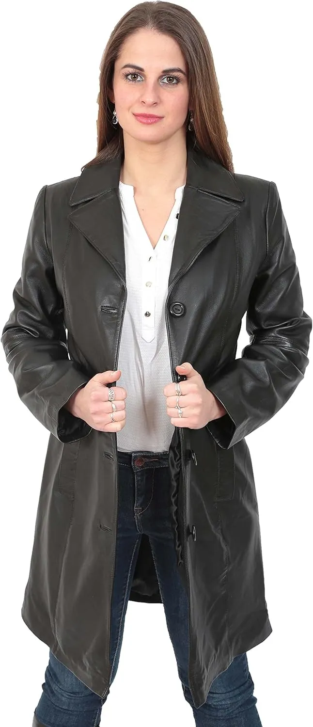 Ladies Trench  Length Real Leather Coat Parka Fitted Jacket Lexi