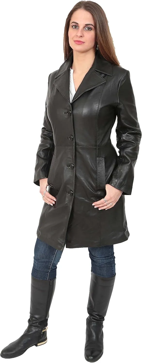 Ladies Trench  Length Real Leather Coat Parka Fitted Jacket Lexi