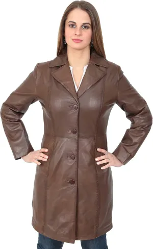 Ladies Trench  Length Real Leather Coat Parka Fitted Jacket Lexi
