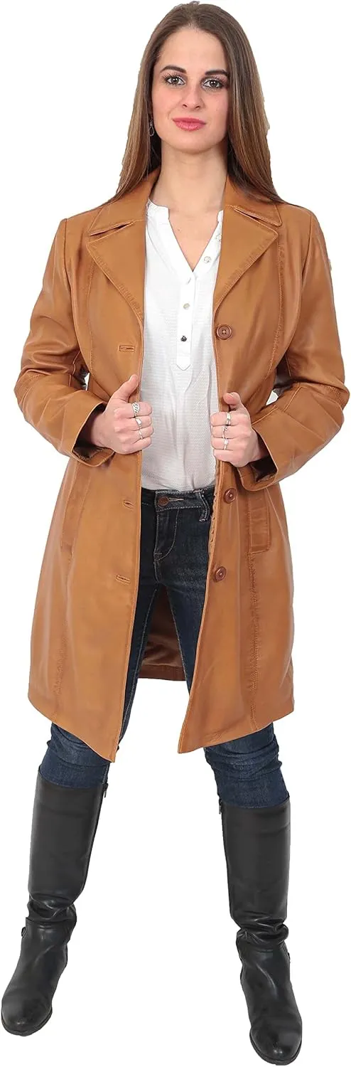 Ladies Trench  Length Real Leather Coat Parka Fitted Jacket Lexi