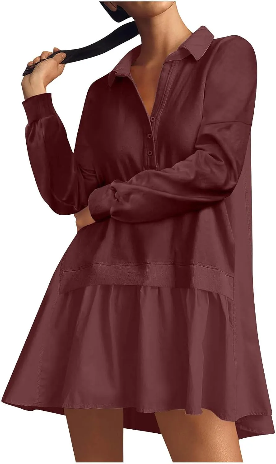 Long Sleeve Dresses for Women 2024 Sexy V Neck Solid Ruffle Mini Dress Causal Pleated Pullover Mini Dress Fall Outfit